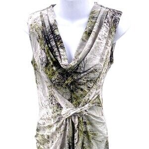 Komarov Sleeveless Dress S Cowl Neck Ruched Mossy Green Tree Camo Print USA
